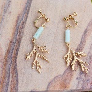 Gold and Mint Branch Drop Clip-On Earrings